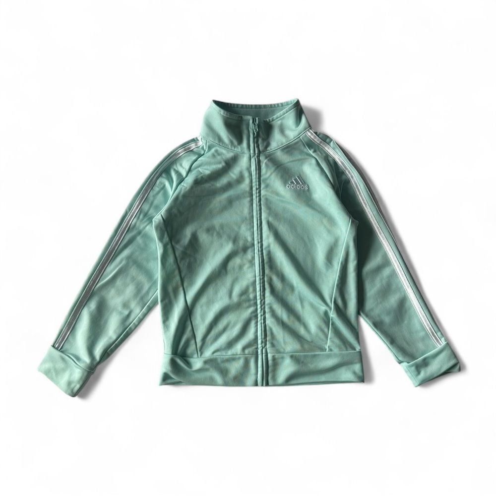 Adidas Kids Track Jacket Size 5 Green Full Zip Striped Y2K Athleisure Retro